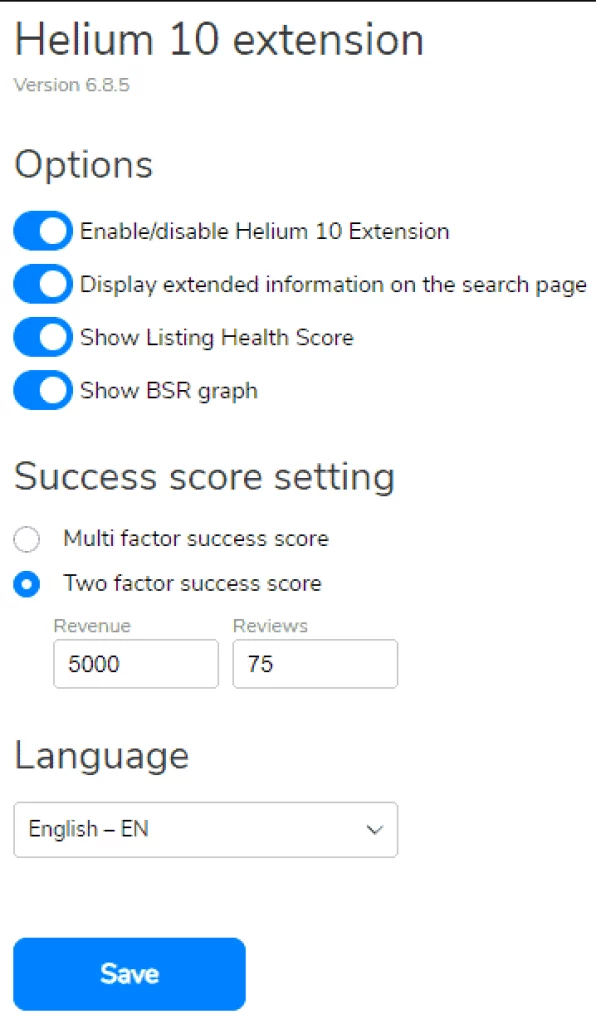 Helium 10 Chrome extension settings