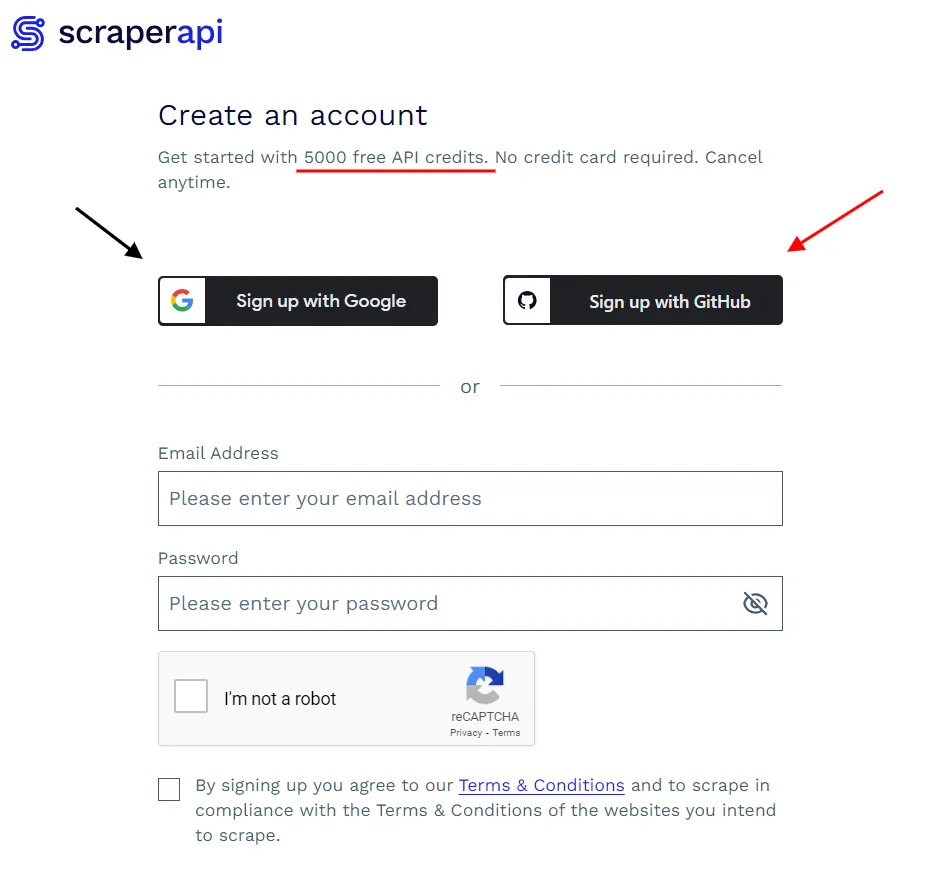 ScraperAPI SignUp page
